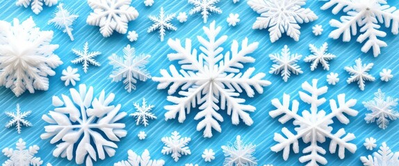 Winter wonderland, intricate paper snowflakes, layered 3D effect, crisp white on sky blue background, delicate shadows, geometric patterns, festive holiday atmosphere, macro photography, clean and min
