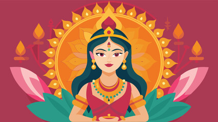 Vibrant vector artwork of a goddess with intricate details and decorative elements, symbolizing prosperity and beauty in a serene setting
