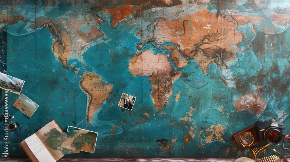 Leinwandbilder travel images displayed on a world map background offering a mockup for adventure enthusiasts and pl