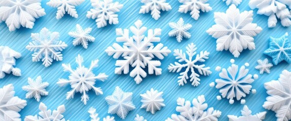 Winter background, white snowflakes, blue backdrop, 3D paper cutout style, festive holiday design, intricate snowflake patterns, soft shadows, crisp details, layered composition, seasonal decoration, 