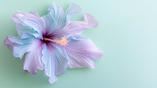 delicate blue hibiscus flower with soft pastel petals on light background