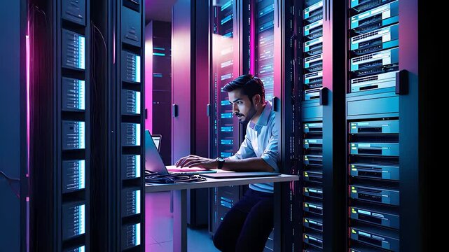 IT Professional Working in Modern Server Room with Advanced Technology and Colorful Neon Lighting

