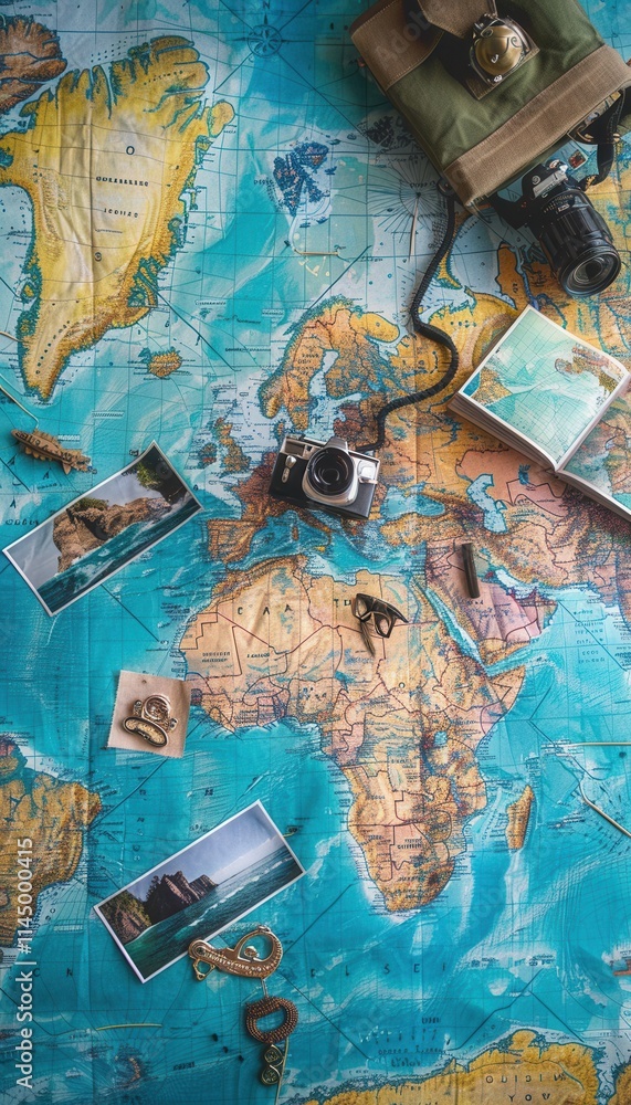 Aufkleber travel memories captured on a world map backdrop showcasing adventures and exploration across divers