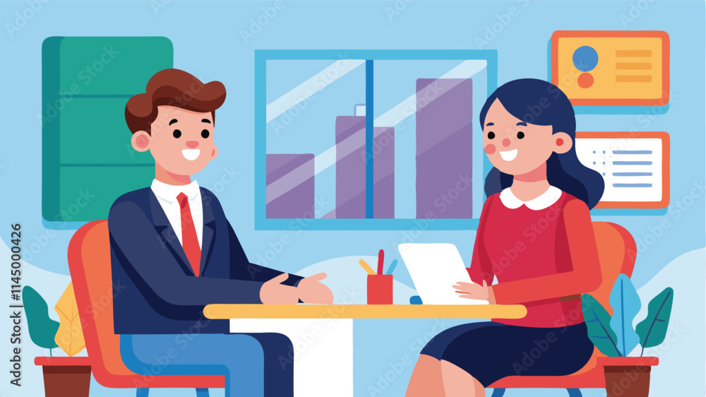Poster two professionals engaged in a discussion in a modern office setting during daytime
