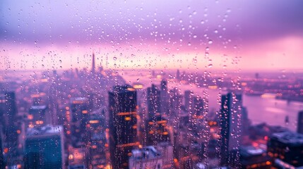 Obraz premium Beautiful City Skyline at Dusk with Raindrops on Glass, Capturing the Vibrant Colors and Reflections of Rainy Urban Environment in Twilight