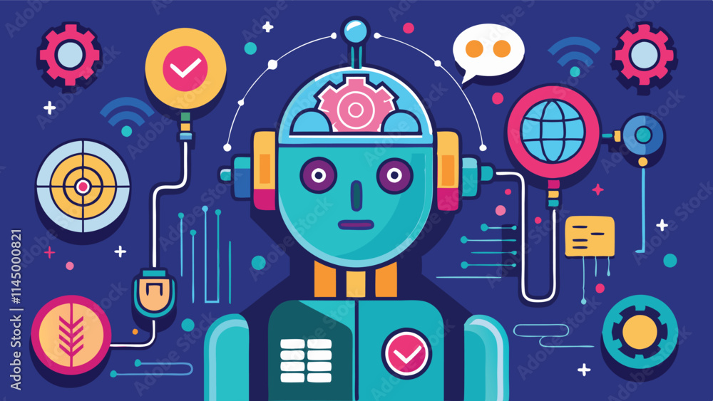 Leinwandbilder illustration of a technological robot surrounded by data symbols in a colorful vector design showcas