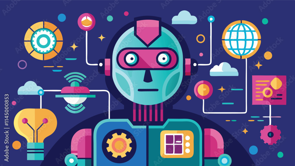 Poster illustration of a technological robot surrounded by data symbols in a colorful vector design showcas