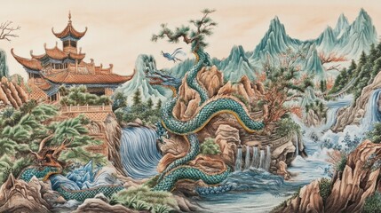 Obraz premium Majestic Asian Dragon and Temple Landscape Painting. Exquisite Waterfall and Mountain Scenery. Serene Chinese Art