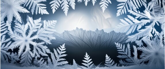 Winter frost patterns, intricate ice crystals, frosted glass window, snowflake shapes, ethereal blue glow, macro photography, frozen nature, abstract ice formation, delicate icy textures, magical wint