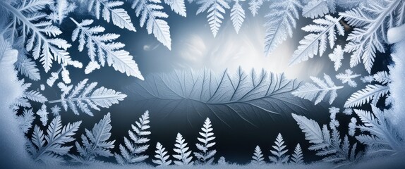 Winter frost patterns, intricate ice crystals, frosted glass window, snowflake shapes, ethereal blue glow, macro photography, frozen nature, abstract ice formation, delicate icy textures, magical wint