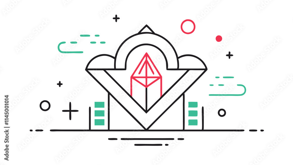 Poster modern vector design featuring abstract geometric shapes and lines with a central leaf motif in vibr