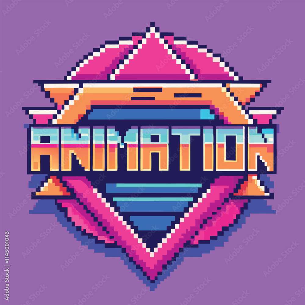 Aufkleber Vector design featuring bold pixel art with vibrant colors and geometric shapes focused on animation themes and retro aesthetics