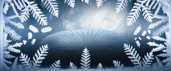 Winter frost patterns, intricate ice crystals, frosted glass window, snowflake shapes, ethereal blue glow, macro photography, frozen nature, abstract ice formation, delicate icy textures, magical wint