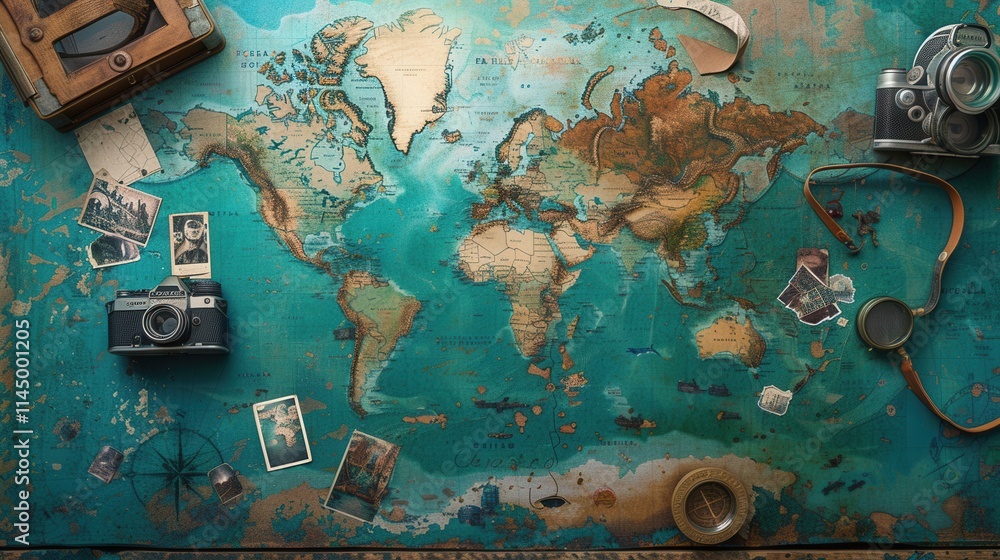 Poster travel moments captured on a world map backdrop with vintage cameras and memorabilia for a creative 