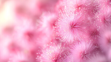 vibrant close up of pink powder puff flower, showcasing its delicate, fluffy petals and intricate details