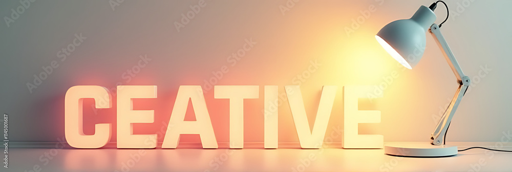 Poster bright text and a lamp sit on a soft pastel colored background amidst creative ideas and innovative 