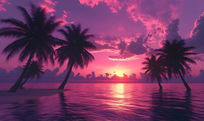 Tropical Tranquility, Palm Trees in the Embrace of a Purple and Pink Sunset