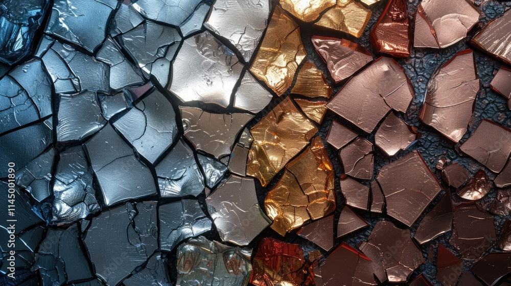 Poster a close-up of fragmented metallic surfaces in various colors and textures.