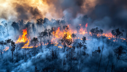 Obraz premium Aerial view of a forest fire with smoke and flames engulfing trees.