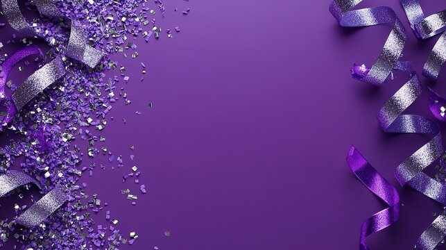 Lavender and silver streamers on a festive purple backdrop for a party with copy space. Generative Ai