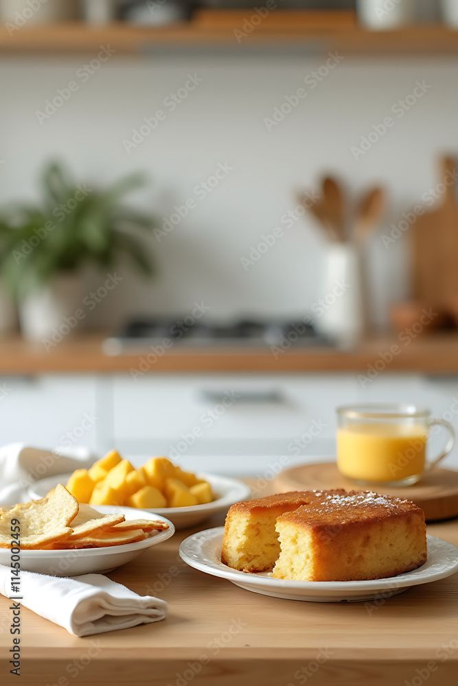 Poster breakfast foods including cake sit on a kitchen table with plenty of empty space in the background f