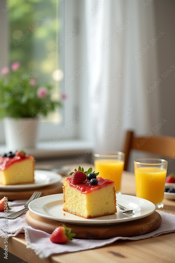 Poster breakfast foods including cake sit on a kitchen table with plenty of empty space in the background f