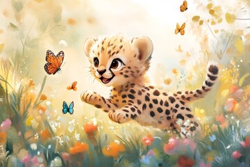 Obraz premium Playful cheetah cub running in a field of flowers chasing butterflies