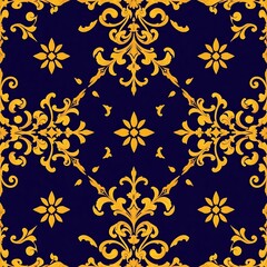 Navy Blue and Gold Damask Pattern 