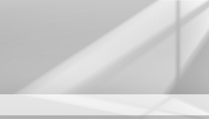 Background white wall kitchen with grey shadow, light from window reflection on empty floor for spring product present,Vector 3d Studio Room with summer sunlight,Empty Backdrop Grey Podium Display