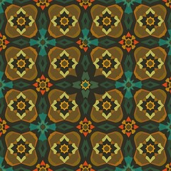 Fototapeta premium Geometric Pattern in Warm Tones: A seamless pattern with a vibrant, intricate design featuring warm earthy tones of brown, orange, yellow, and teal.