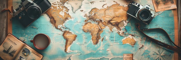 Travel memories captured with cameras on a world map background showcasing various destinations and adventures. Generative AI