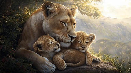 Obraz premium Lioness lovingly cradles her two cubs nestled together on a rock, bathed in warm sunlight.