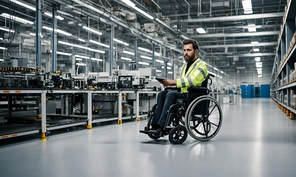 Worker in a wheelchair in a factory.