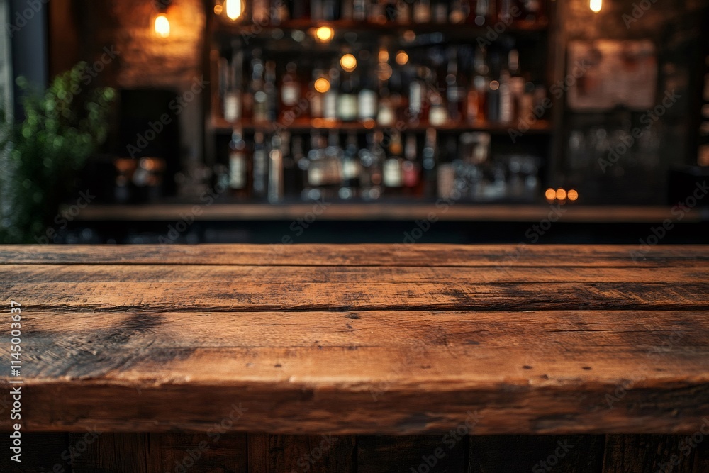 Poster empty wooden table top with blurred bar background for product placement