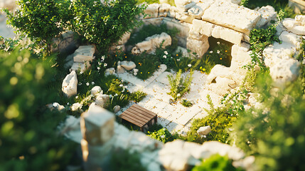 Ancient ruin in backyard garden with patio and lush greenery