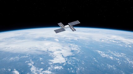 Fototapeta premium Satellite orbiting Earth, showcasing Earth's curvature and atmosphere.