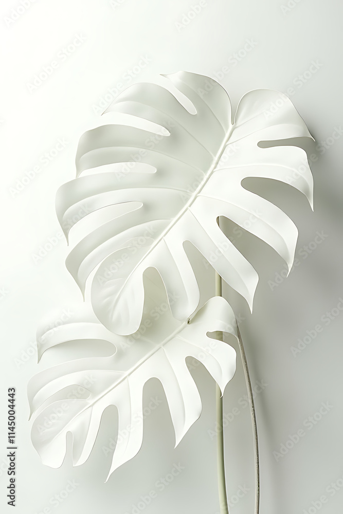 Poster beautiful monstera leaves in white are selectively focused for use as a unique decorative design bac