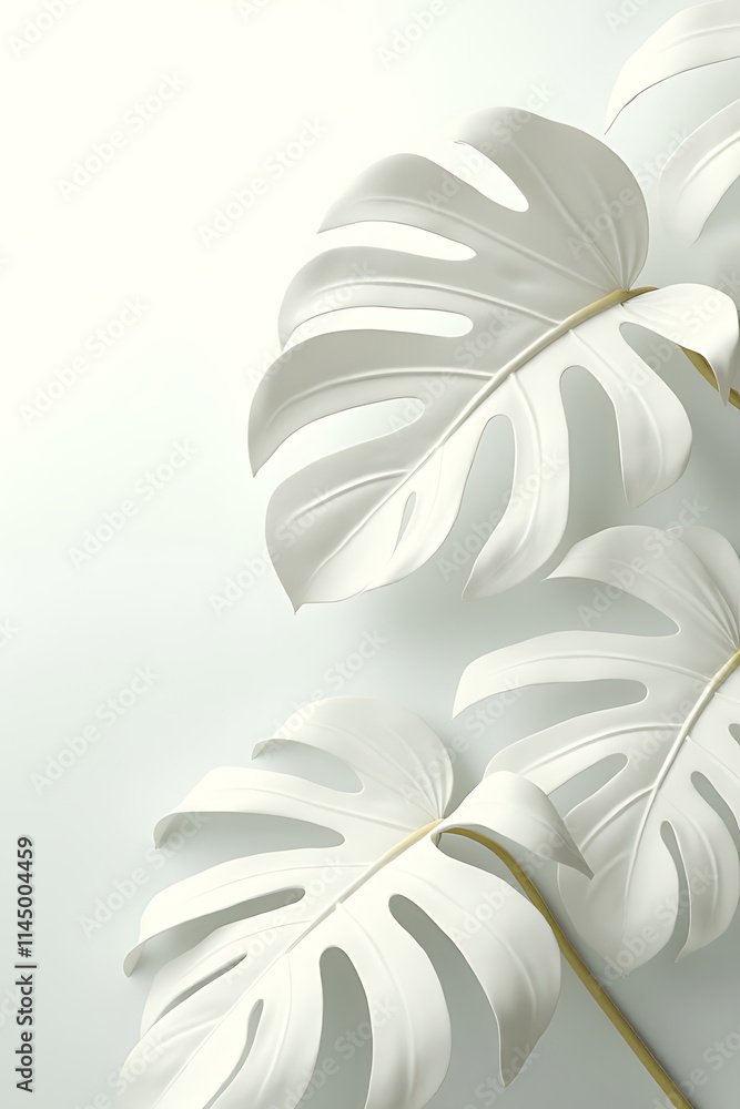 Poster beautiful monstera leaves in white are selectively focused for use as a unique decorative design bac