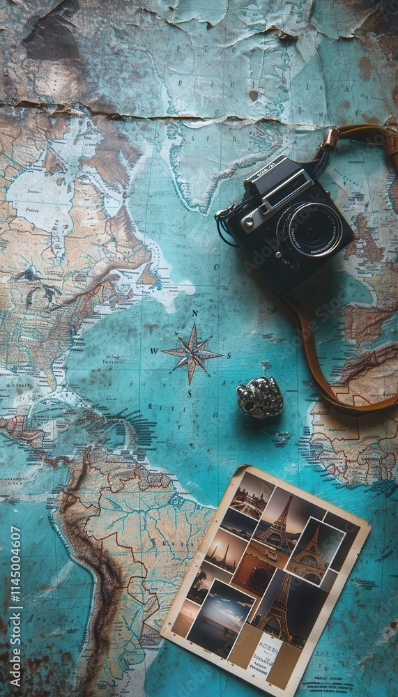 Aufkleber Travel memories captured on a world map backdrop with camera and collection of destination photos displayed. Generative AI