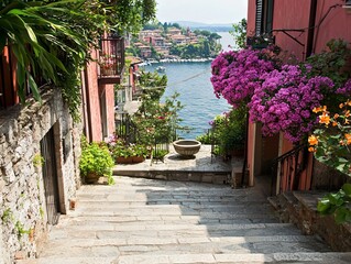 Fototapeta premium A picturesque stone staircase lined with vibrant flowers leading to a lake.