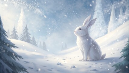 Snowy white rabbit in a winter landscape, serene mood, sitting in a snowy forest
