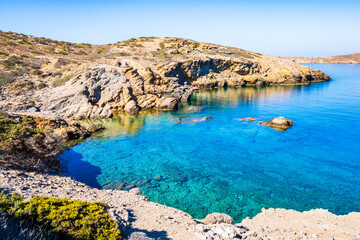 View of sandy Paradisia beach and sea coast, Amorgos island, Cyclades, Greece