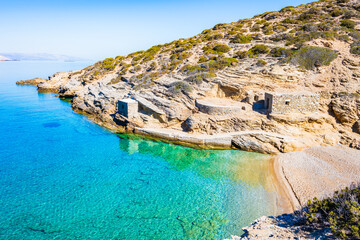 View of sandy Paradisia beach and sea coast, Amorgos island, Cyclades, Greece