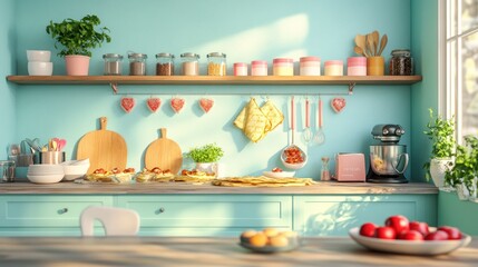 Cozy kitchen with sunlight,  bright teal cabinets,  wooden countertops,  and breakfast items displayed.