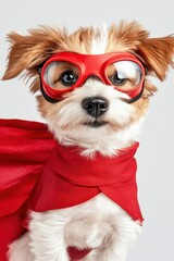 Comical superhero dog in a shiny red cape and playful goggles striking a dramatic pose against a neutral backdrop