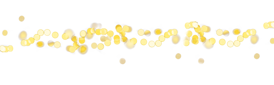 Golden fairy light garland. Glowing and blurred defocused bokeh effect, creating a festive horizontal banner for Christmas or New Year celebrations. Decorative holiday border