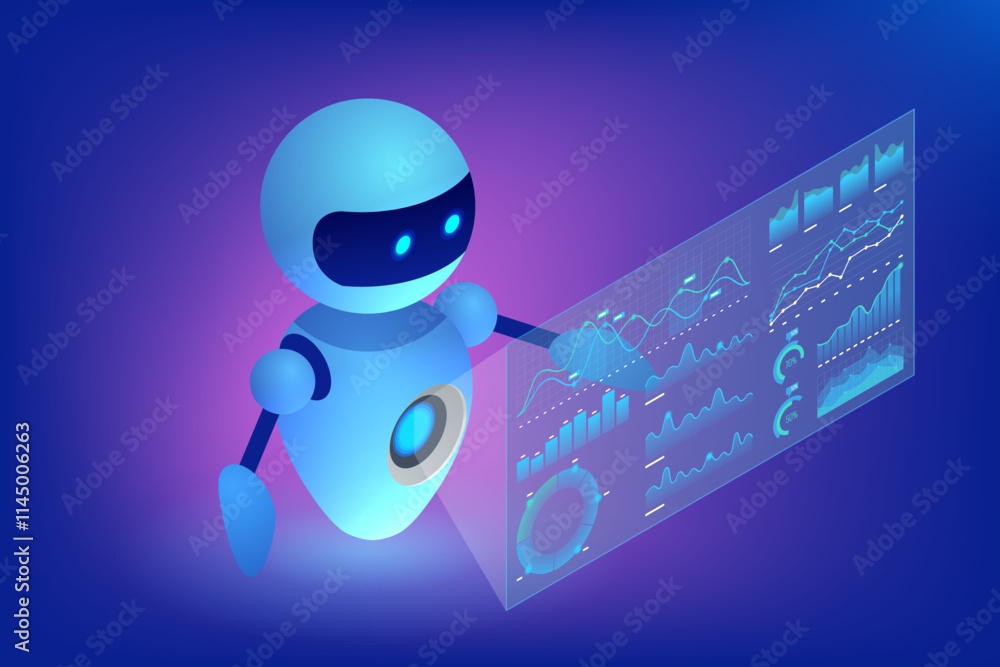 Poster isometric ai chatbot robot interacting with holographic data dashboards above a smartphone. neon blu