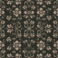 Fototapeta premium Dark Floral Damask Pattern: Elegant and sophisticated, this seamless pattern features a rich dark background adorned with a beige floral damask design.
