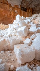 A pile of large white salt blocks in a natural cave setting.