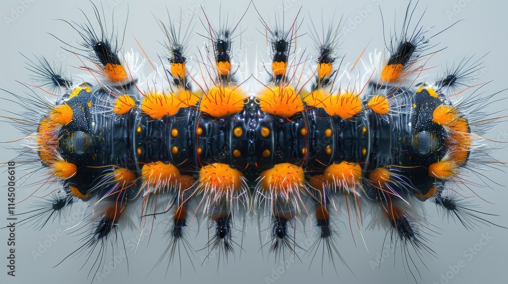 Poster a close-up view of a colorful caterpillar with spines and vibrant patterns.